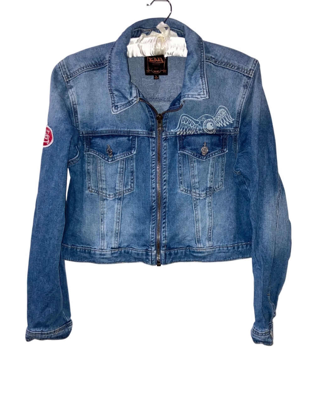 Von Dutch Women’s Cropped Denim Jacket Y2K Logo Patch Blue Jean Trucker Size L - Picture 4 of 10